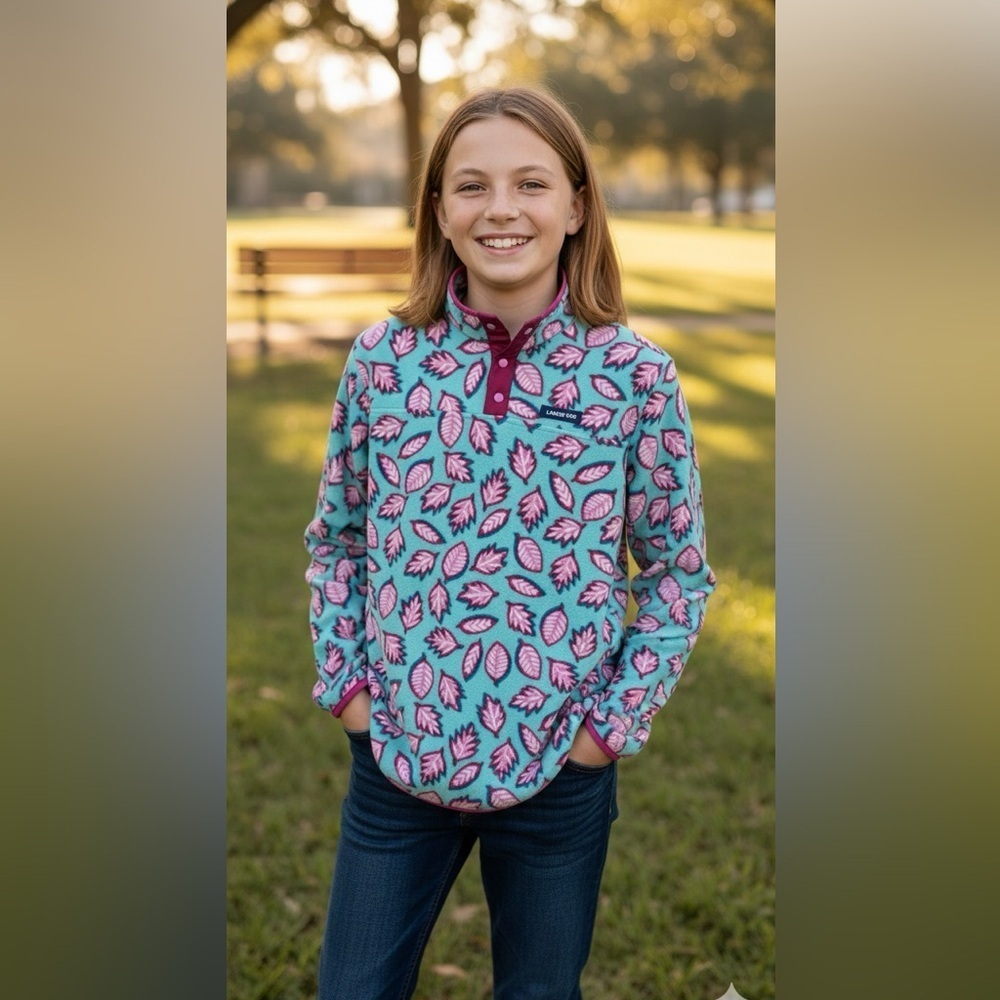 Lands’ End Girls leaf printed size XXL (18-20) fleece pullover